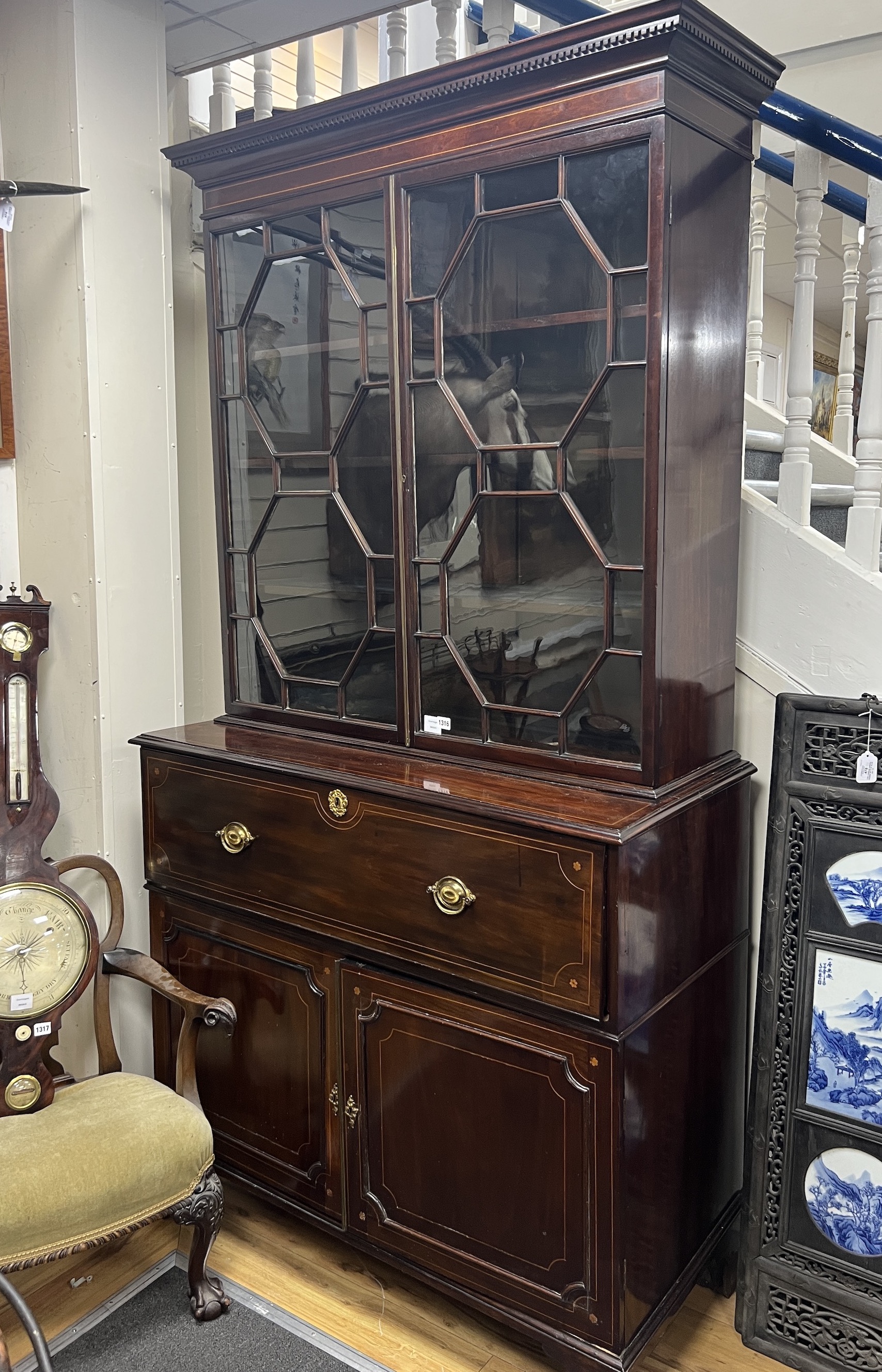 A George III inlaid mahogany secretaire bookcase, width 117cm, depth 54cm, height 228cm